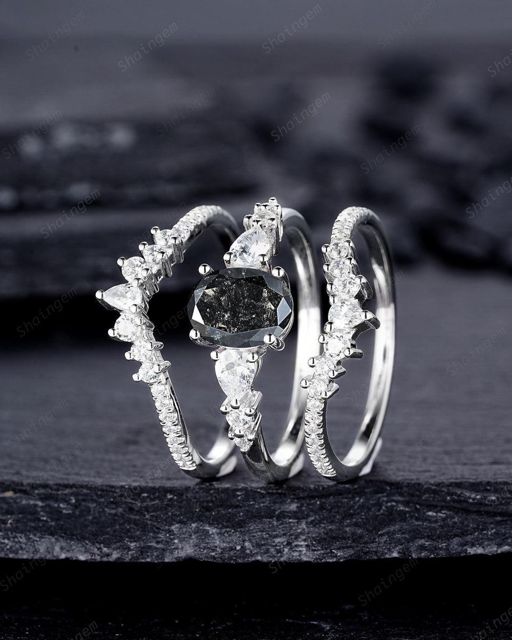 Oval Shape Salt and Pepper Diamond Engagement Ring Set, 18K White Gold Natural Black Diamond Promise Ring, Diamond Wedding Ring Gift for her - ShainJewelry