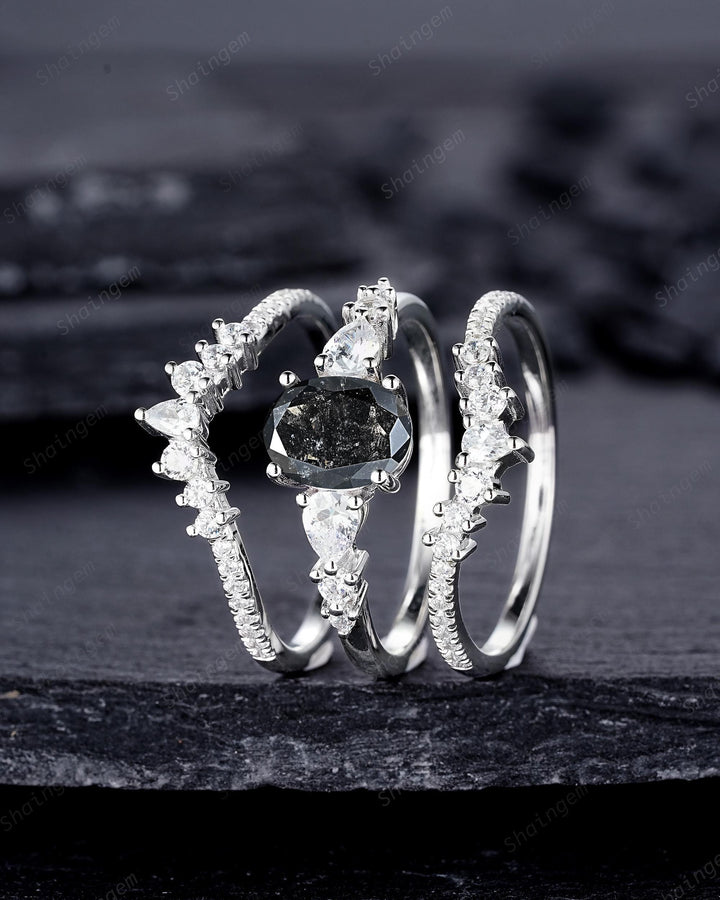 Oval Shape Salt and Pepper Diamond Engagement Ring Set, 18K White Gold Natural Black Diamond Promise Ring, Diamond Wedding Ring Gift for her - ShainJewelry