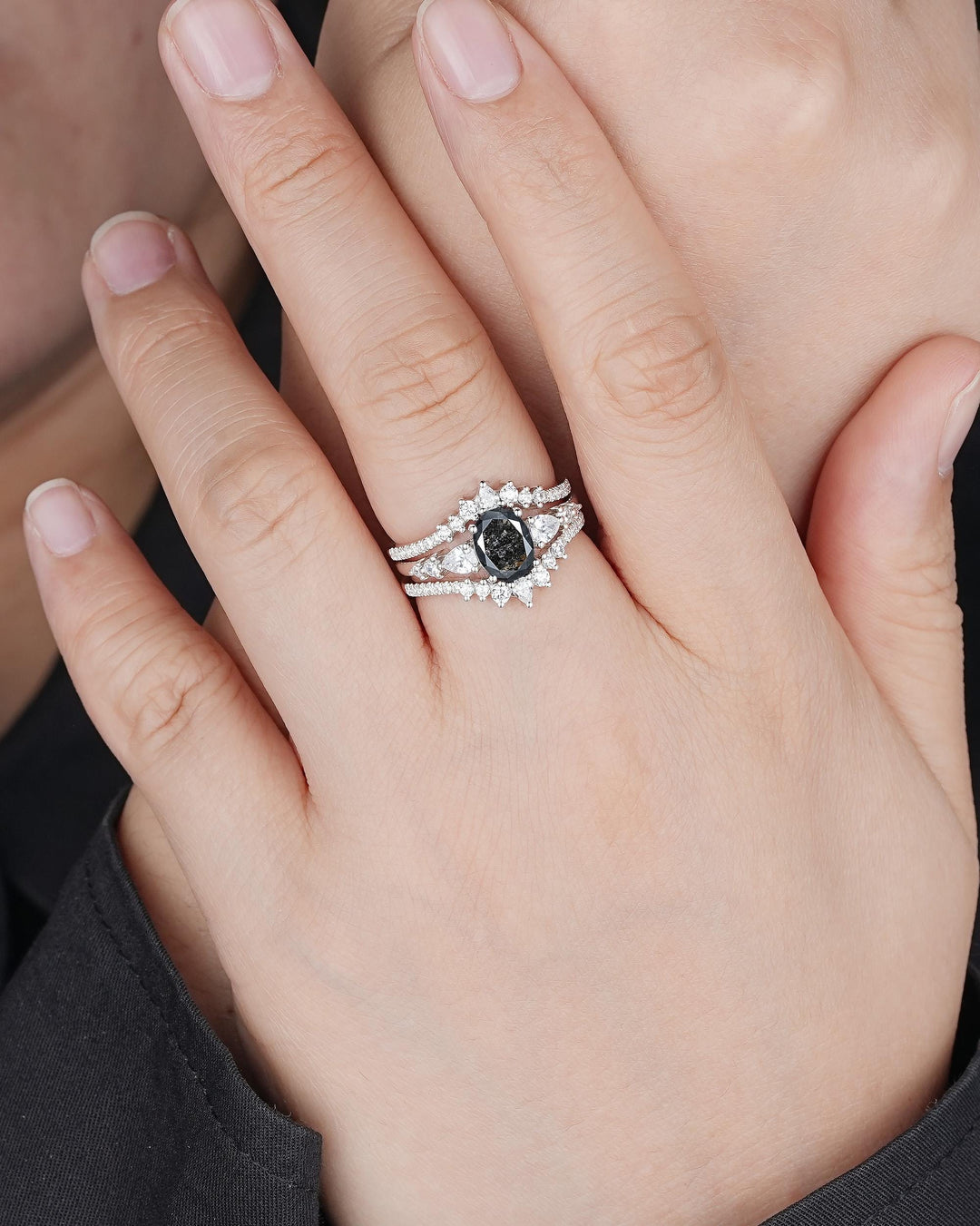 Oval Shape Salt and Pepper Diamond Engagement Ring Set, 18K White Gold Natural Black Diamond Promise Ring, Diamond Wedding Ring Gift for her - ShainJewelry