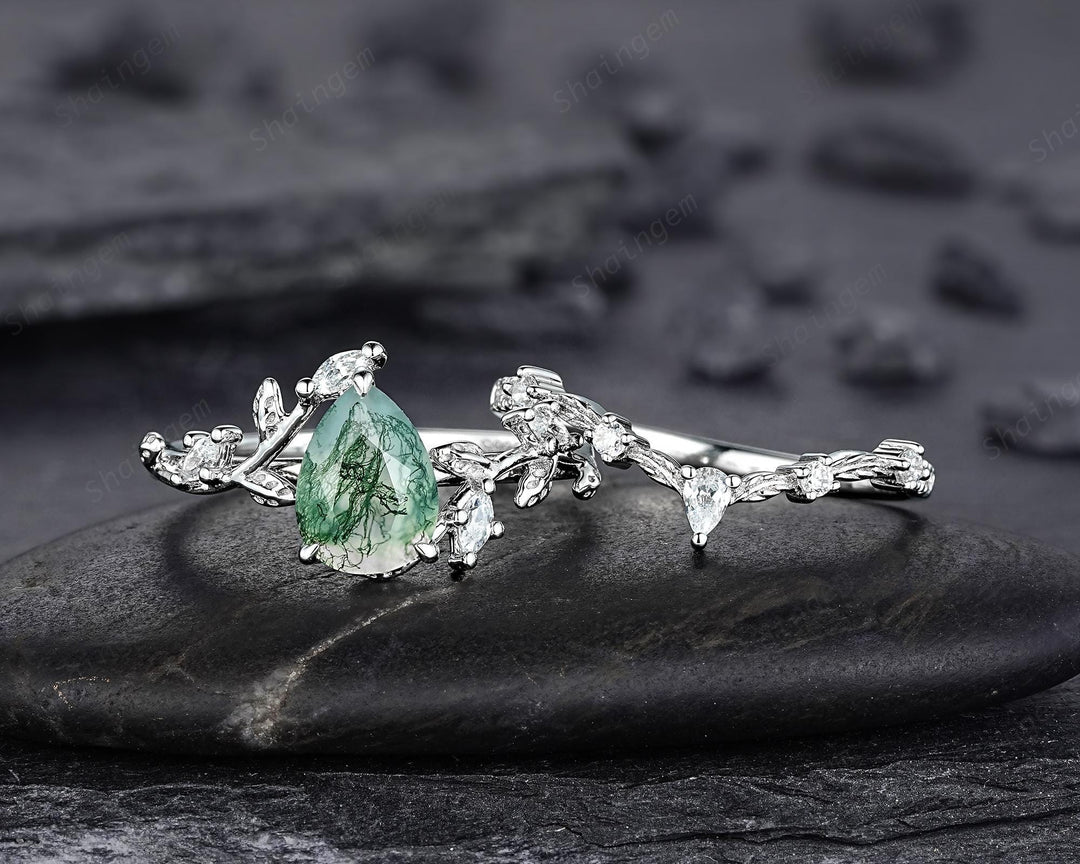 Platinum Pear Cut Moss Agate Leaf Engagement Ring Set, 14K White Gold Twig Branch Promise Wedding Ring, Silver 925 Vine Bridal Set For Women - ShainJewelry