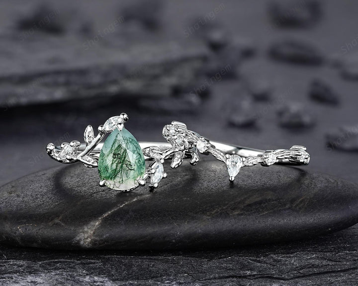 Platinum Pear Cut Moss Agate Leaf Engagement Ring Set, 14K White Gold Twig Branch Promise Wedding Ring, Silver 925 Vine Bridal Set For Women - ShainJewelry