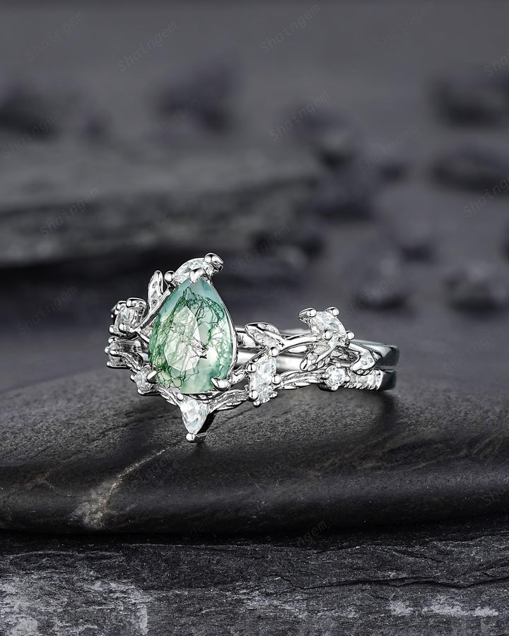 Platinum Pear Cut Moss Agate Leaf Engagement Ring Set, 14K White Gold Twig Branch Promise Wedding Ring, Silver 925 Vine Bridal Set For Women - ShainJewelry