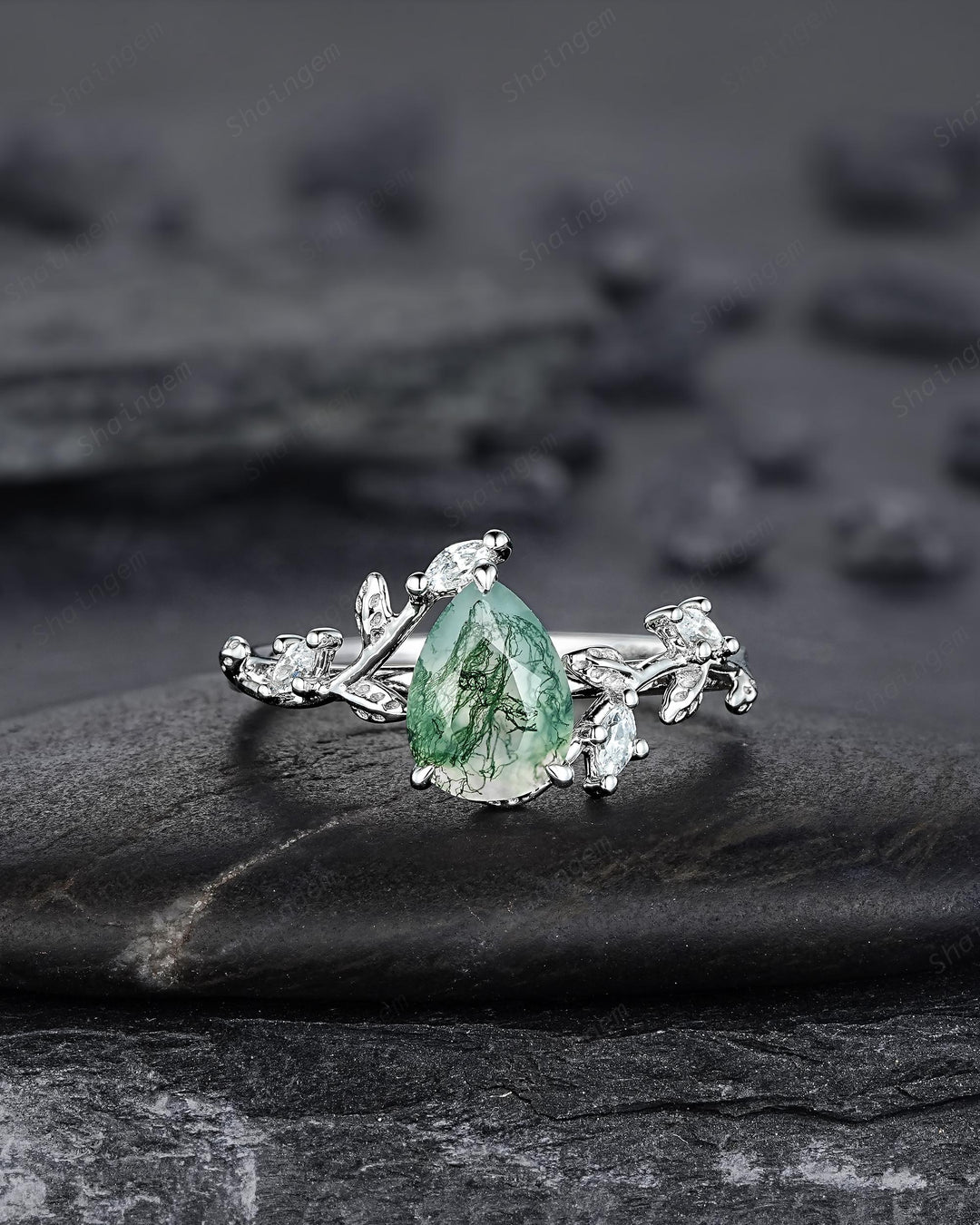 Platinum Pear Cut Moss Agate Leaf Engagement Ring Set, 14K White Gold Twig Branch Promise Wedding Ring, Silver 925 Vine Bridal Set For Women - ShainJewelry