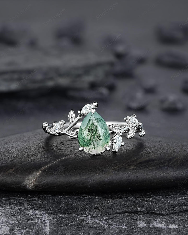 Platinum Pear Cut Moss Agate Leaf Engagement Ring Set, 14K White Gold Twig Branch Promise Wedding Ring, Silver 925 Vine Bridal Set For Women - ShainJewelry