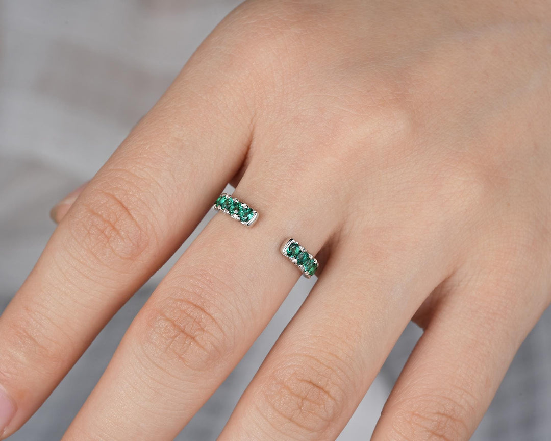Platinum Open Gap 2.5mm Emerald Engagement Band, White Gold Wedding Band, Silver 925 Matching Band Straight Band Promise Engagement ring - ShainJewelry
