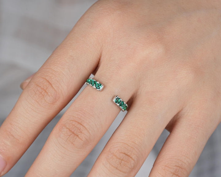 Platinum Open Gap 2.5mm Emerald Engagement Band, White Gold Wedding Band, Silver 925 Matching Band Straight Band Promise Engagement ring - ShainJewelry