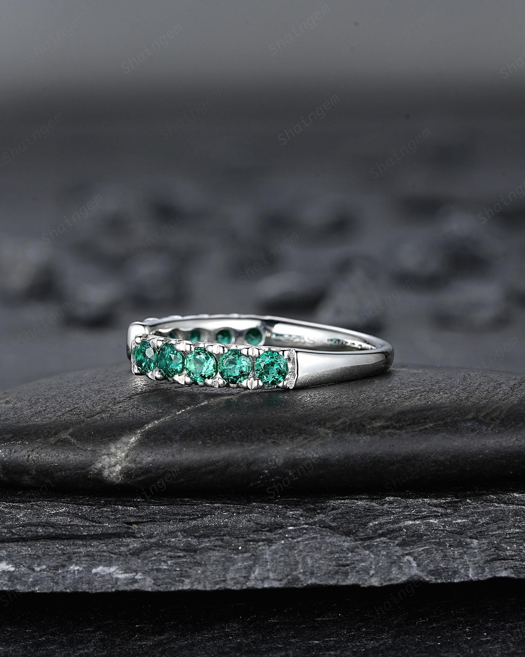Platinum Open Gap 2.5mm Emerald Engagement Band, White Gold Wedding Band, Silver 925 Matching Band Straight Band Promise Engagement ring - ShainJewelry