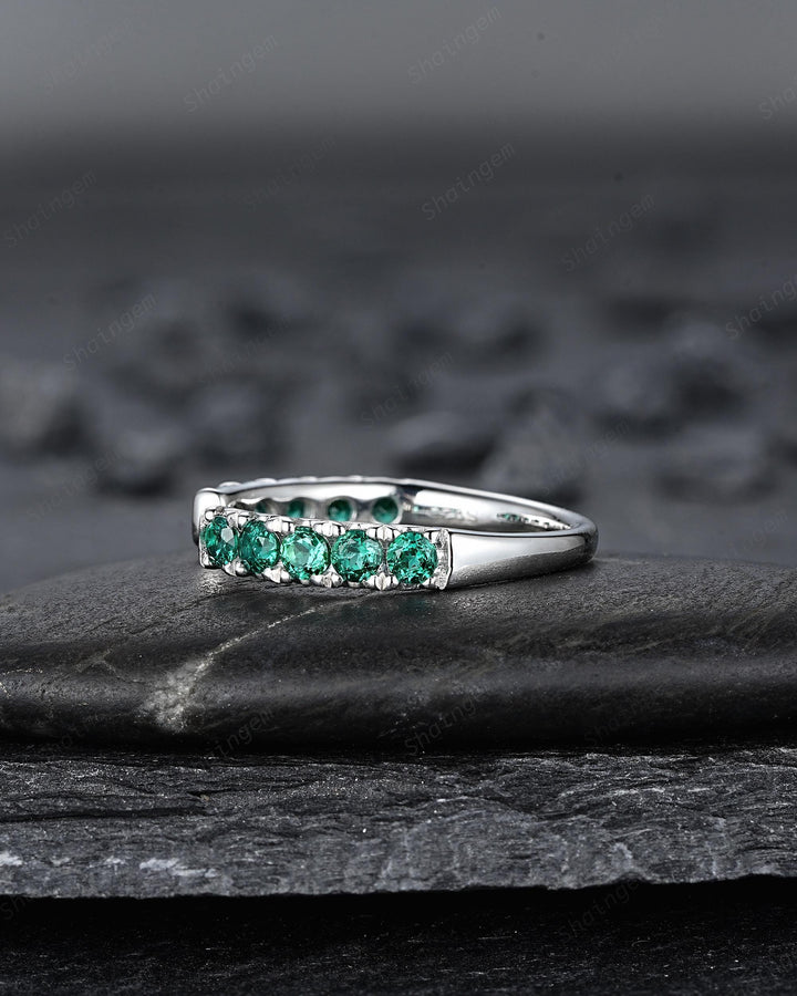 Platinum Open Gap 2.5mm Emerald Engagement Band, White Gold Wedding Band, Silver 925 Matching Band Straight Band Promise Engagement ring - ShainJewelry