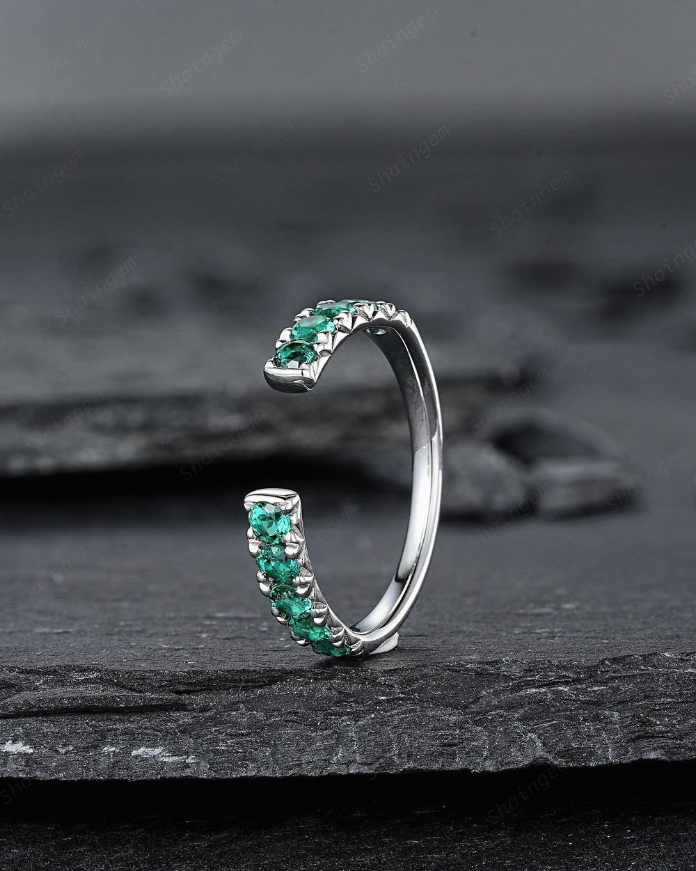 Platinum Open Gap 2.5mm Emerald Engagement Band, White Gold Wedding Band, Silver 925 Matching Band Straight Band Promise Engagement ring - ShainJewelry