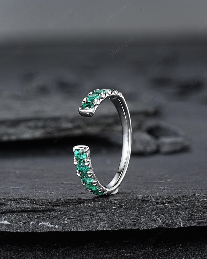 Platinum Open Gap 2.5mm Emerald Engagement Band, White Gold Wedding Band, Silver 925 Matching Band Straight Band Promise Engagement ring - ShainJewelry