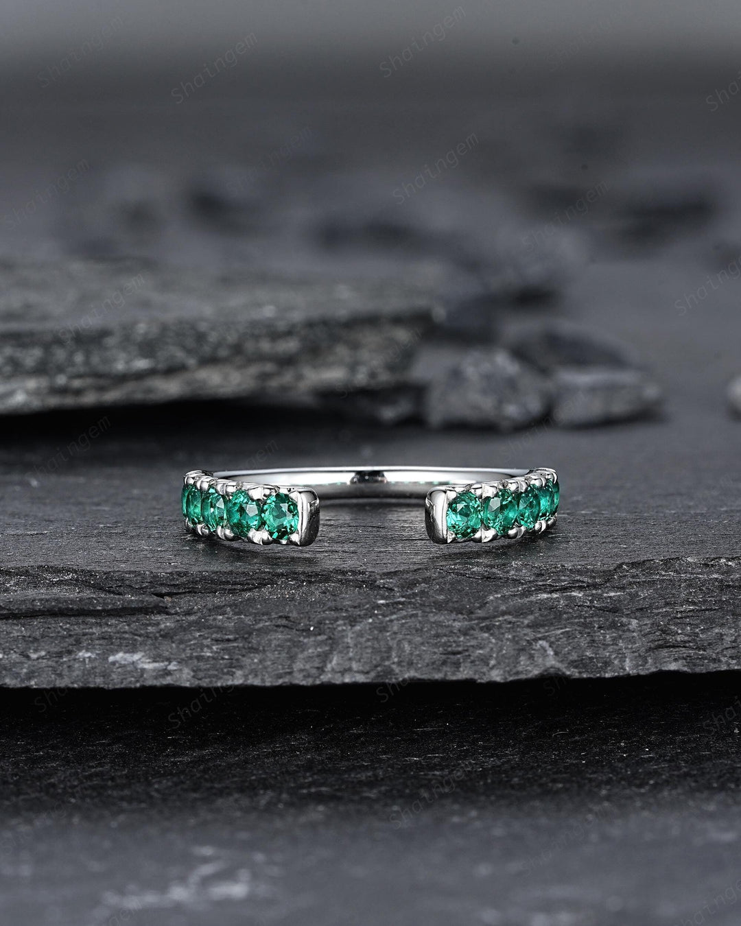 Platinum Open Gap 2.5mm Emerald Engagement Band, White Gold Wedding Band, Silver 925 Matching Band Straight Band Promise Engagement ring - ShainJewelry