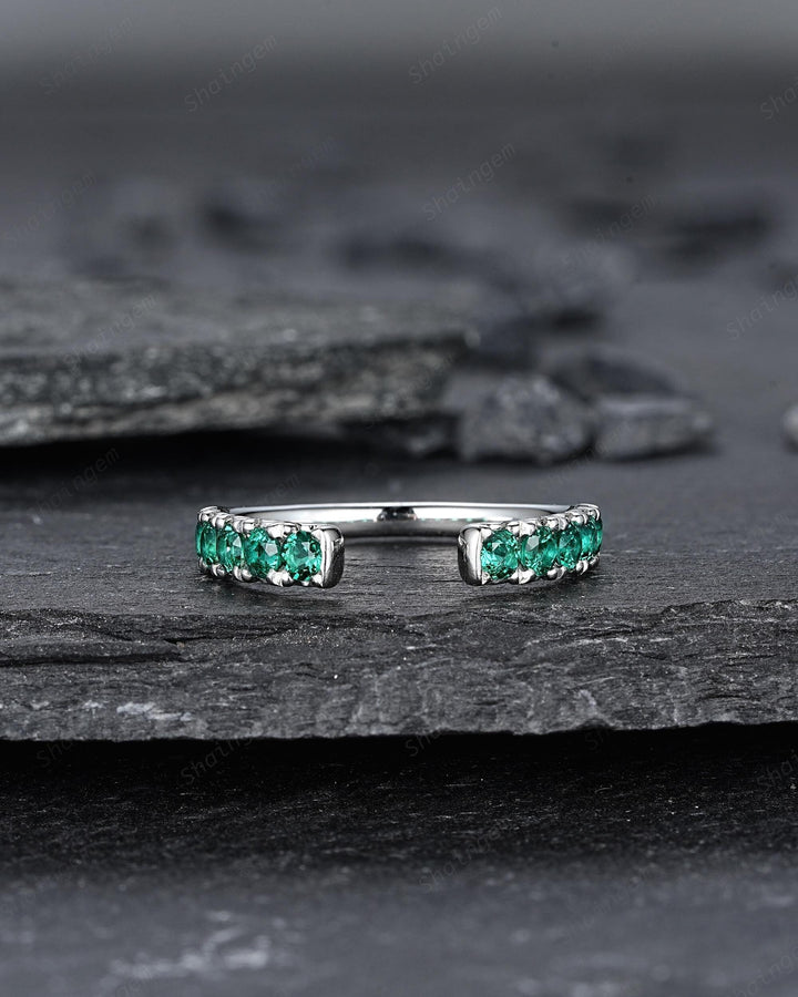 Platinum Open Gap 2.5mm Emerald Engagement Band, White Gold Wedding Band, Silver 925 Matching Band Straight Band Promise Engagement ring - ShainJewelry
