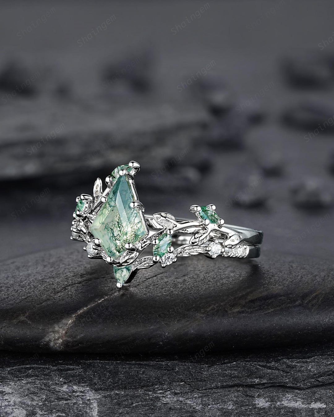 Platinum Kite Cut Moss Agate Leaf Engagement Ring Set, 14K White Gold Twig Branch Promise Wedding Ring, Silver 925 Vine Bridal Set For Women - ShainJewelry