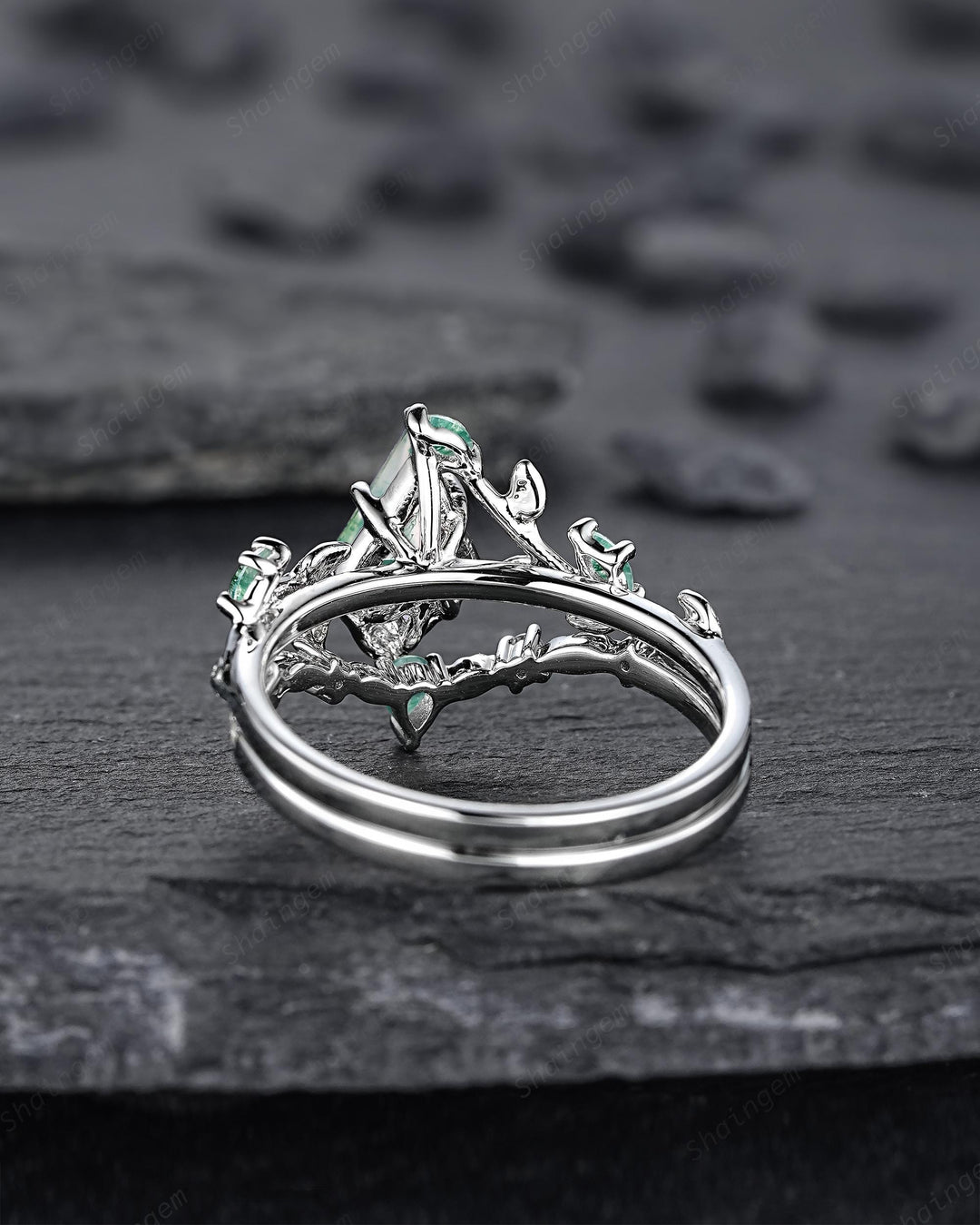 Platinum Kite Cut Moss Agate Leaf Engagement Ring Set, 14K White Gold Twig Branch Promise Wedding Ring, Silver 925 Vine Bridal Set For Women - ShainJewelry