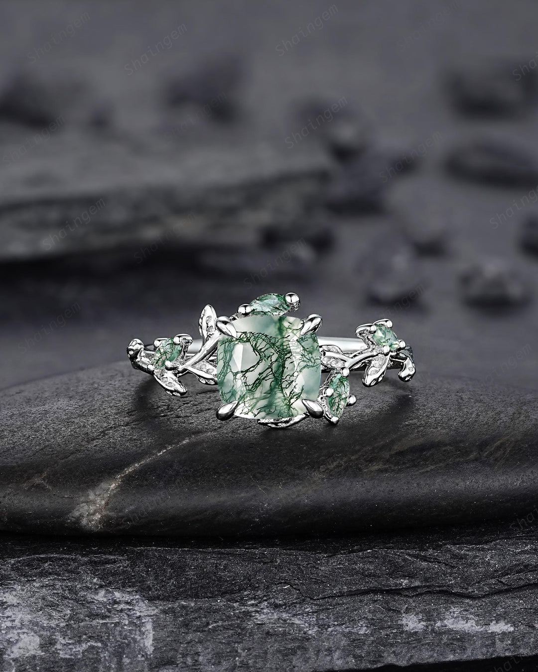 Platinum Cushion Cut Moss Agate Leaf Engagement Ring Set, 14K White Gold Twig Branch Promise Wedding Ring, Silver Vine Bridal Set For Women - ShainJewelry