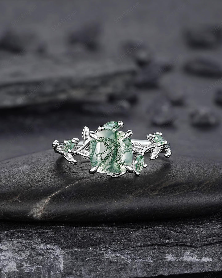 Platinum Cushion Cut Moss Agate Leaf Engagement Ring Set, 14K White Gold Twig Branch Promise Wedding Ring, Silver Vine Bridal Set For Women - ShainJewelry