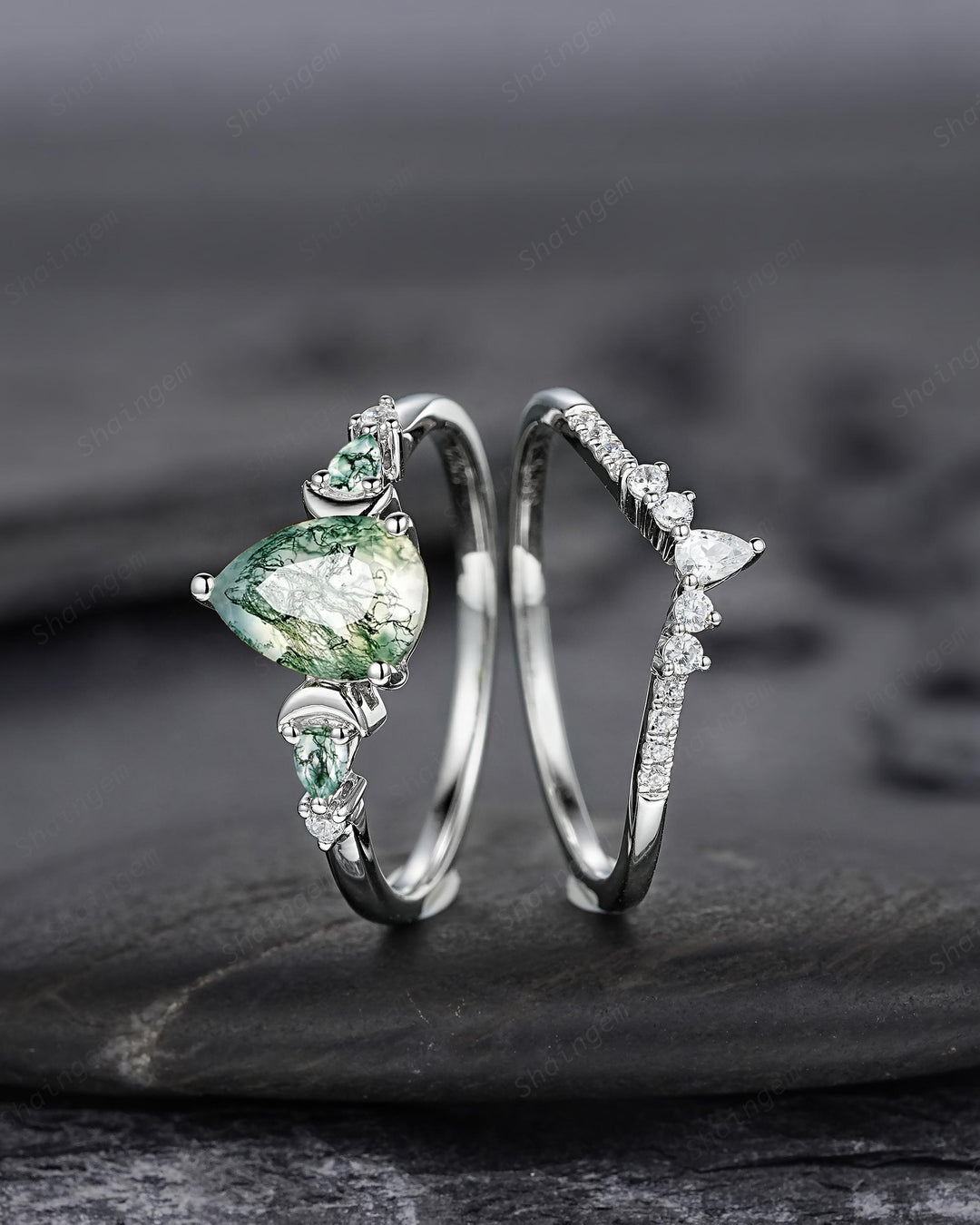 Platinum Pear Shape Moss Agate Crescent Engagement Ring Set, White Gold Sterling Silver Moon Wedding Promise Ring Anniversary Gift for Women - ShainJewelry