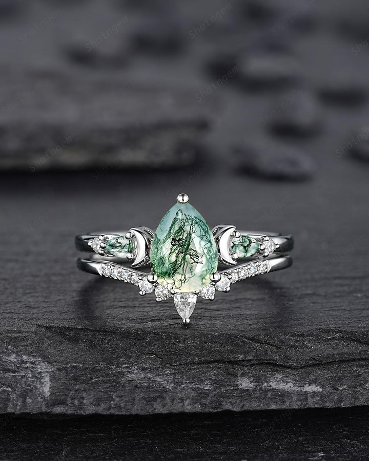 Platinum Pear Shape Moss Agate Crescent Engagement Ring Set, White Gold Sterling Silver Moon Wedding Promise Ring Anniversary Gift for Women - ShainJewelry