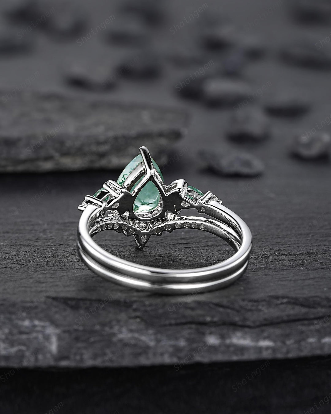 Platinum Pear Shape Moss Agate Crescent Engagement Ring Set, White Gold Sterling Silver Moon Wedding Promise Ring Anniversary Gift for Women - ShainJewelry