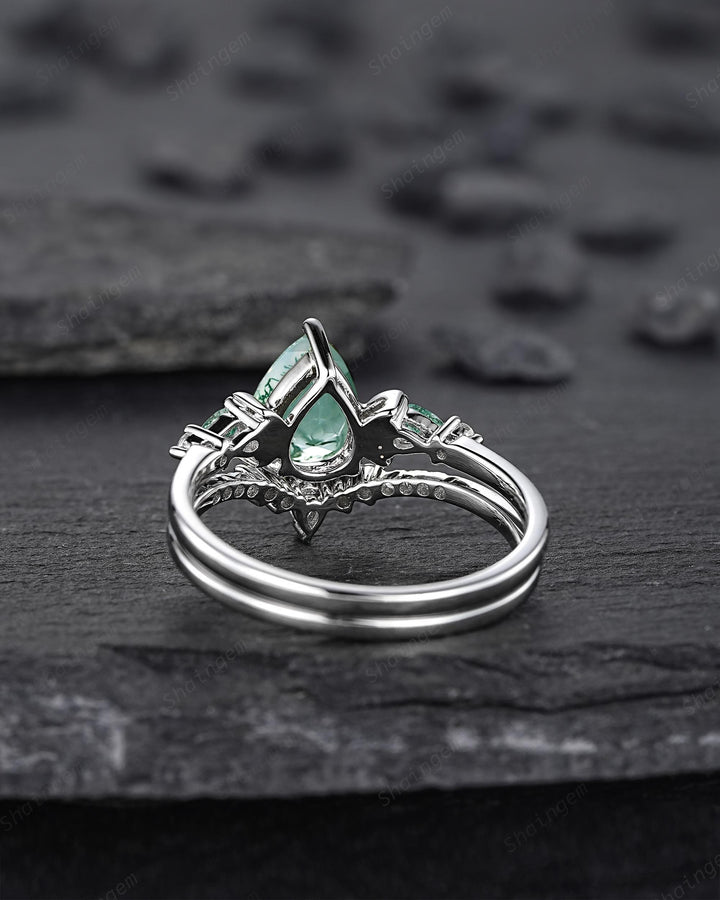 Platinum Pear Shape Moss Agate Crescent Engagement Ring Set, White Gold Sterling Silver Moon Wedding Promise Ring Anniversary Gift for Women - ShainJewelry