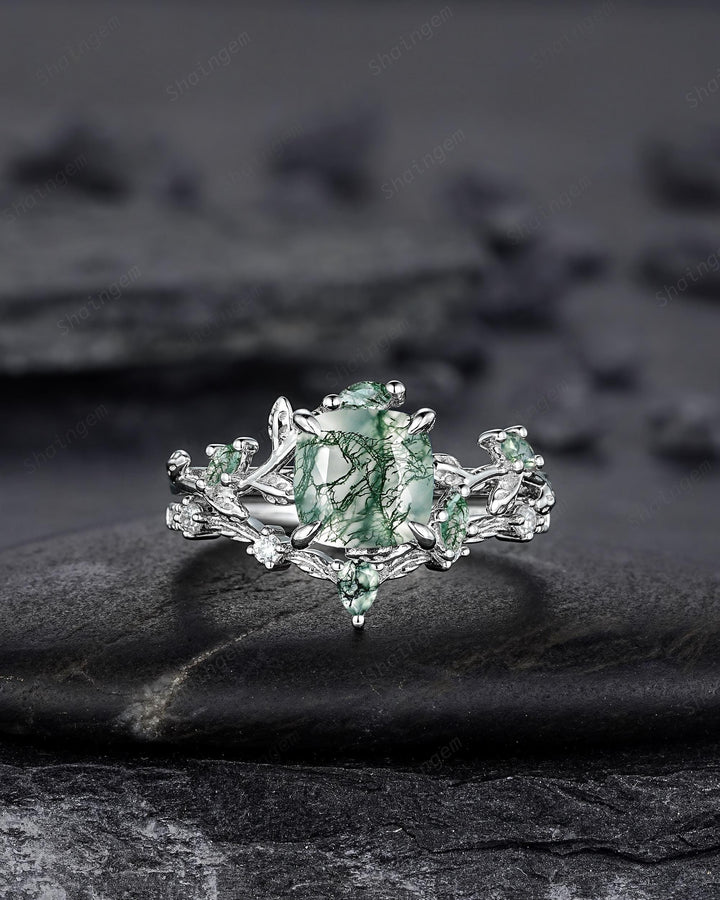 Platinum Cushion Cut Moss Agate Leaf Engagement Ring Set, 14K White Gold Twig Branch Promise Wedding Ring, Silver Vine Bridal Set For Women - ShainJewelry