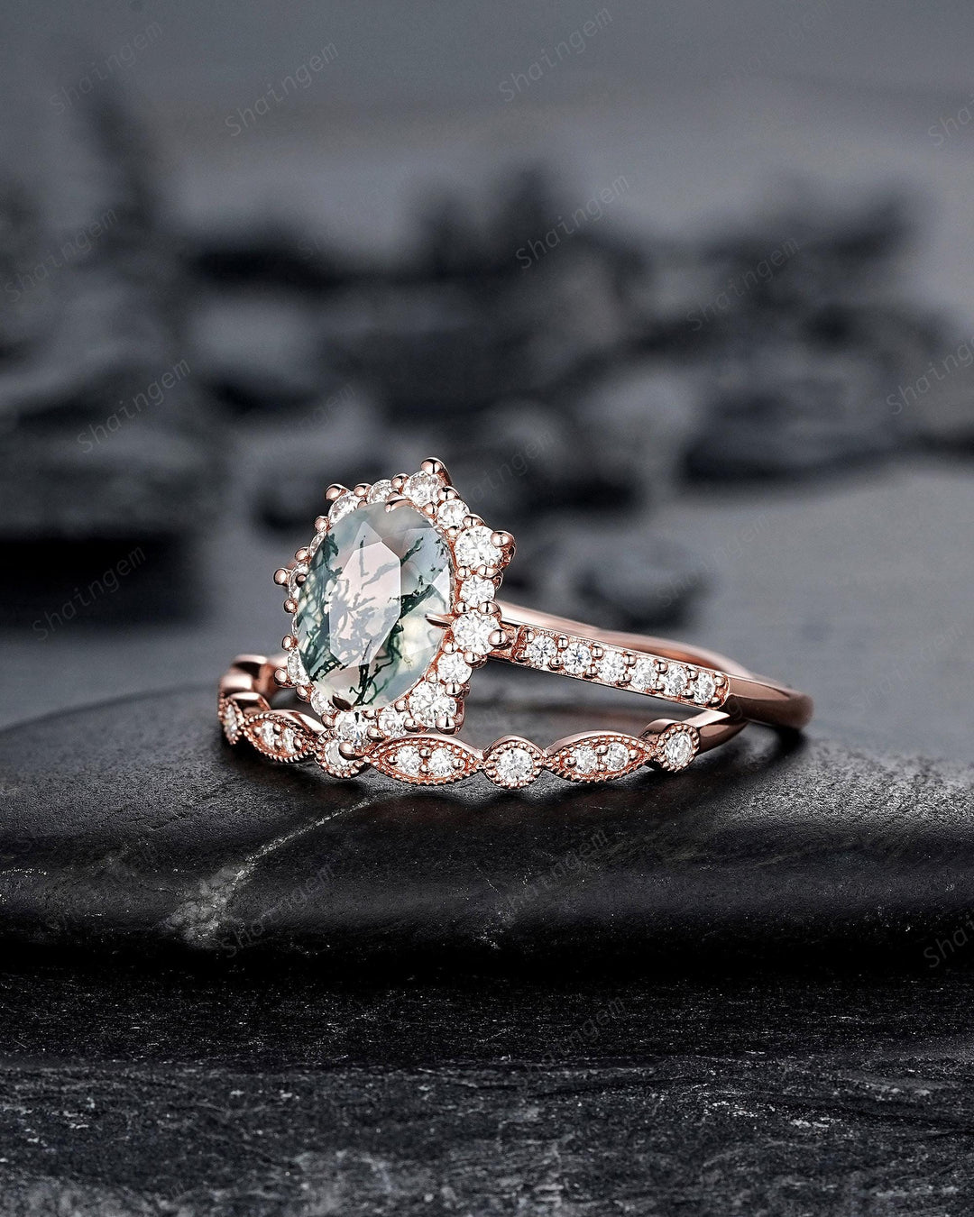 Vintage Moss Agate Halo Engagement Ring Set, Unique Oval Cut Mossy Agate Rose Gold Wedding Set, Moss Agate Bridal Set Anniversary Ring Gift - ShainJewelry
