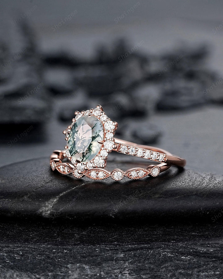 Vintage Moss Agate Halo Engagement Ring Set, Unique Oval Cut Mossy Agate Rose Gold Wedding Set, Moss Agate Bridal Set Anniversary Ring Gift - ShainJewelry