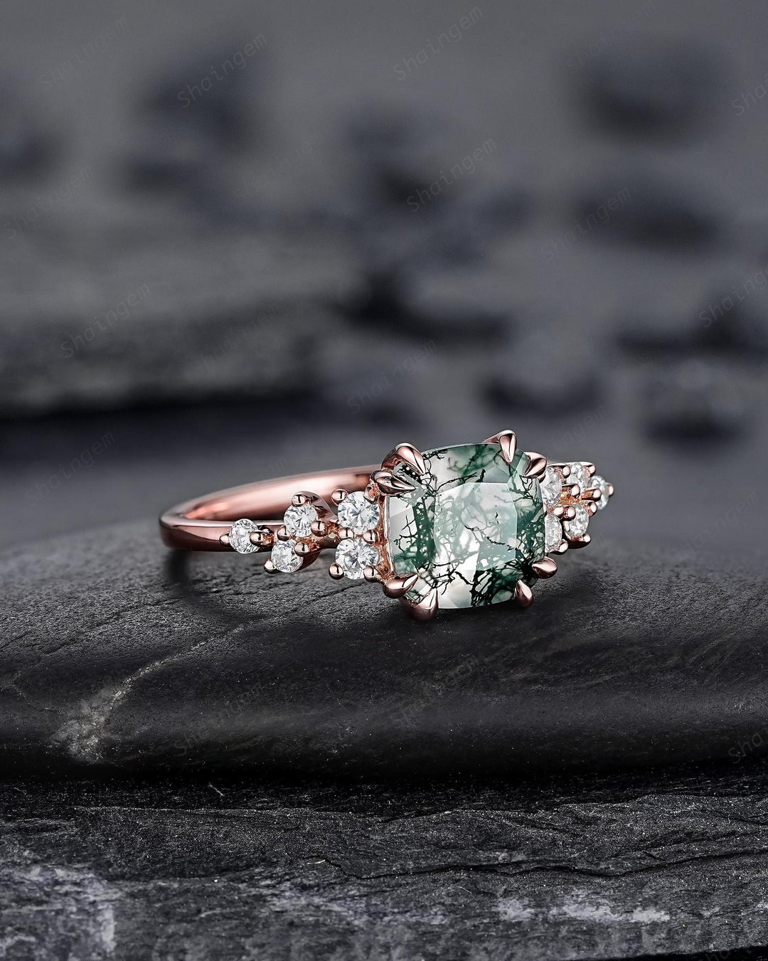 Vintage Cushion Cut Cluster Moss Agate Engagement Ring, Moss Agate Diamond Promise Ring, 14K Rose Gold Wedding Ring Anniversary Gift for her - ShainJewelry