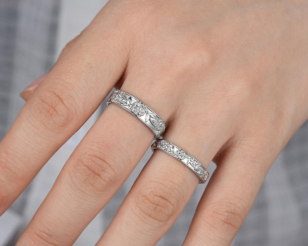 His and Hers Full Eternity Carnation January Birth Flower Couple Ring Set, White Gold Wedding Band, Nature Inspired Leaf Vine Matching Band - ShainJewelry