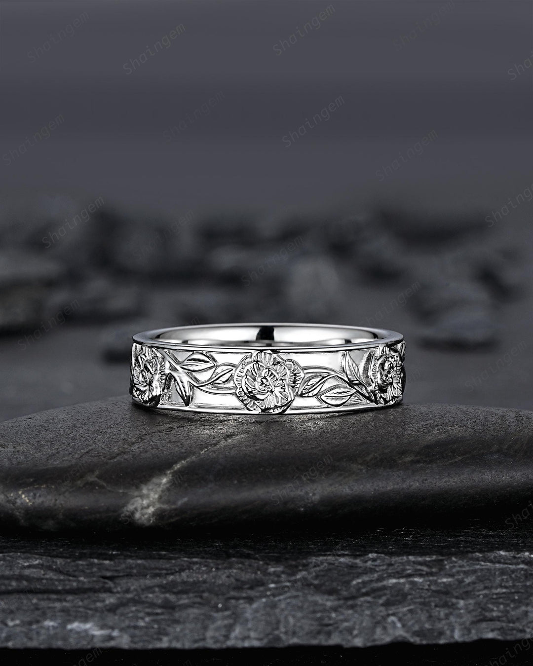 His and Hers Full Eternity Carnation January Birth Flower Couple Ring Set, White Gold Wedding Band, Nature Inspired Leaf Vine Matching Band - ShainJewelry