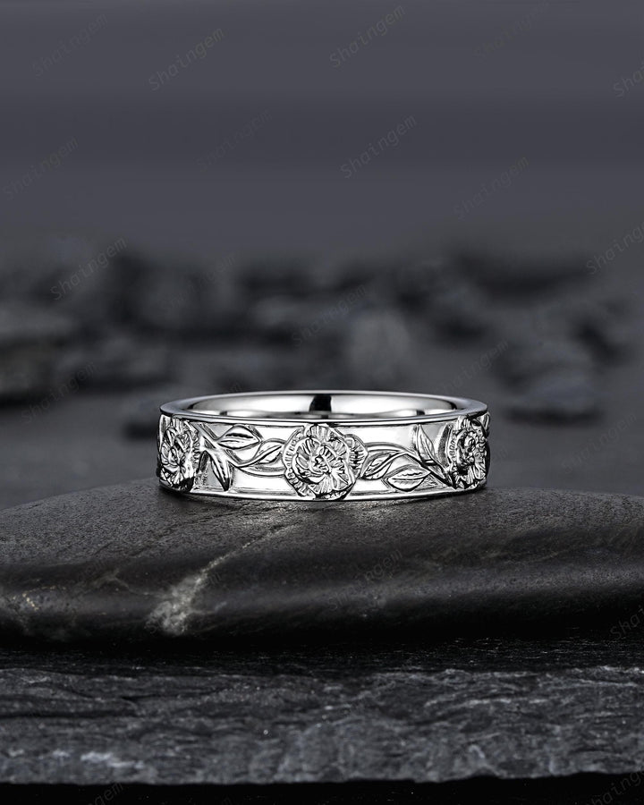 His and Hers Full Eternity Carnation January Birth Flower Couple Ring Set, White Gold Wedding Band, Nature Inspired Leaf Vine Matching Band - ShainJewelry