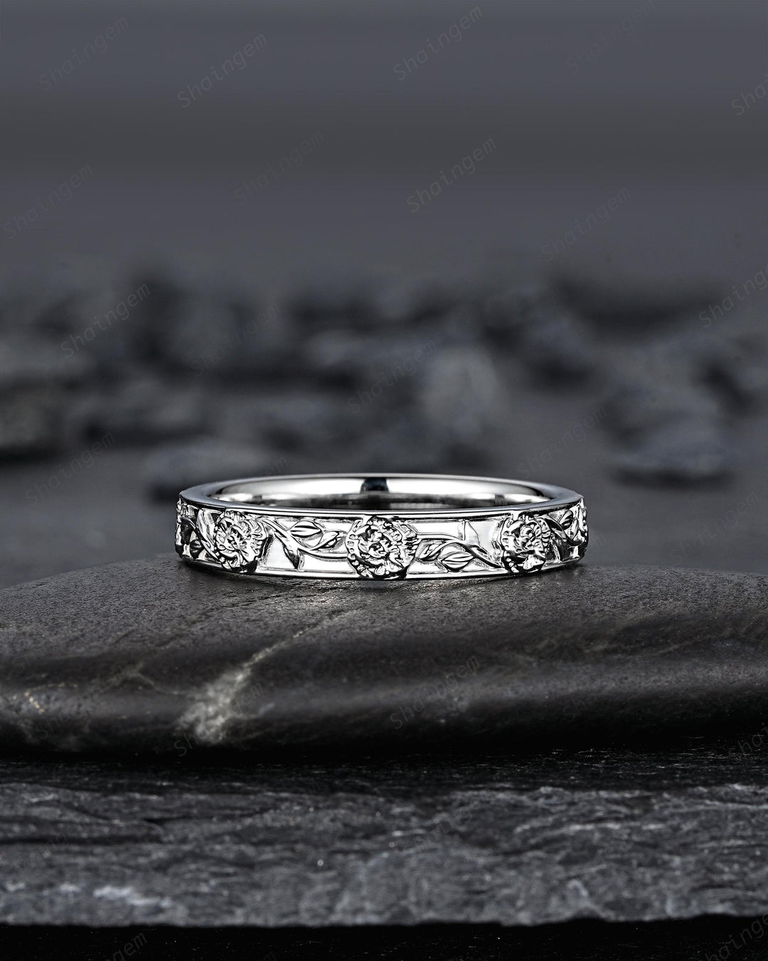 His and Hers Full Eternity Carnation January Birth Flower Couple Ring Set, White Gold Wedding Band, Nature Inspired Leaf Vine Matching Band - ShainJewelry
