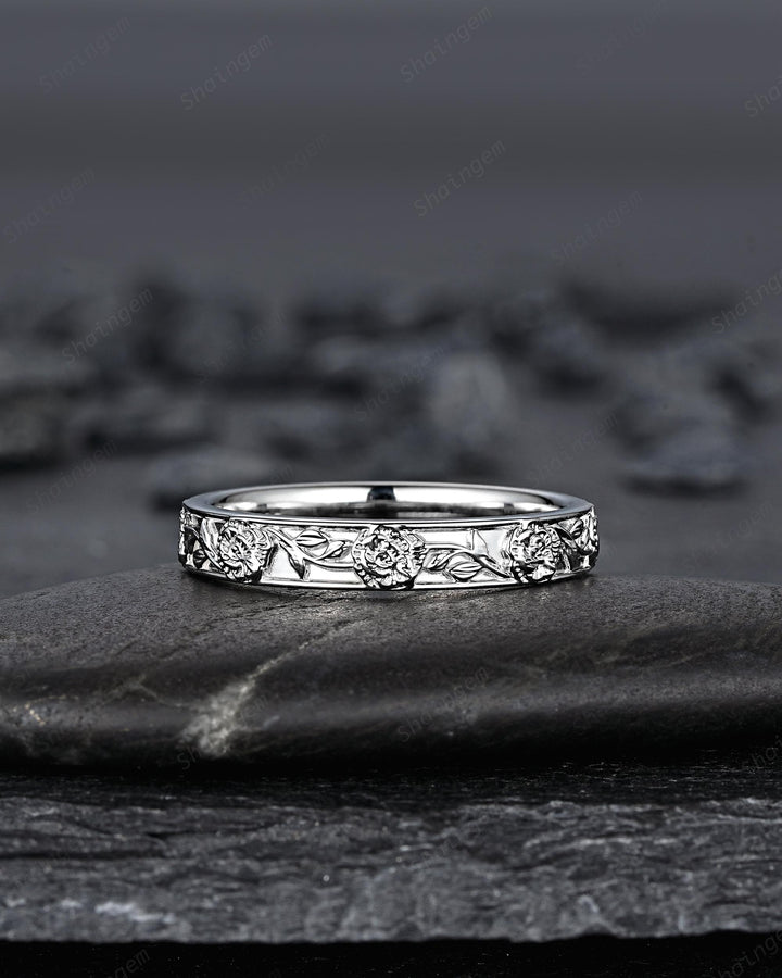 His and Hers Full Eternity Carnation January Birth Flower Couple Ring Set, White Gold Wedding Band, Nature Inspired Leaf Vine Matching Band - ShainJewelry