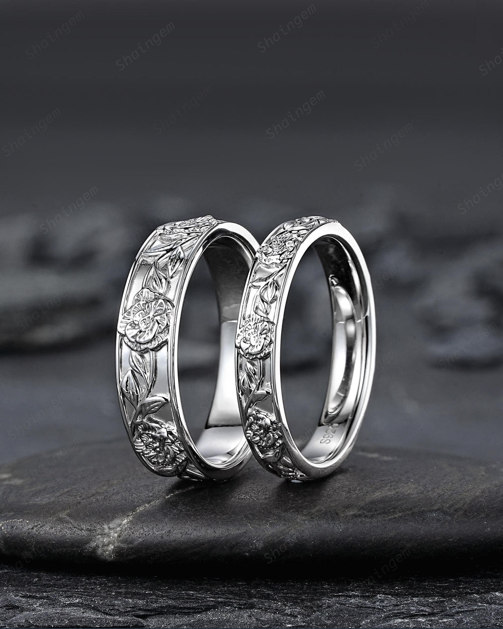 His and Hers Full Eternity Carnation January Birth Flower Couple Ring Set, White Gold Wedding Band, Nature Inspired Leaf Vine Matching Band - ShainJewelry