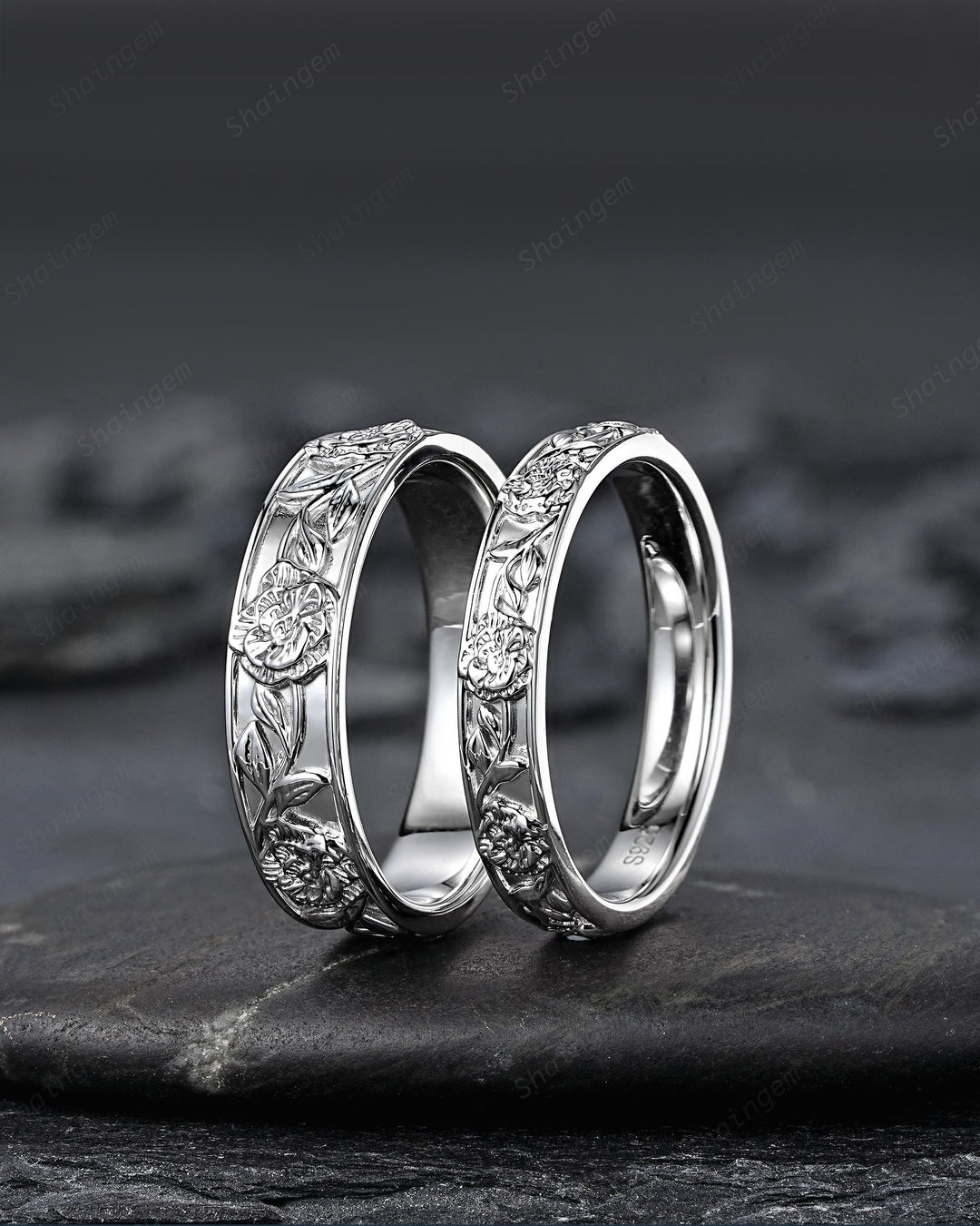 His and Hers Full Eternity Carnation January Birth Flower Couple Ring Set, White Gold Wedding Band, Nature Inspired Leaf Vine Matching Band - ShainJewelry