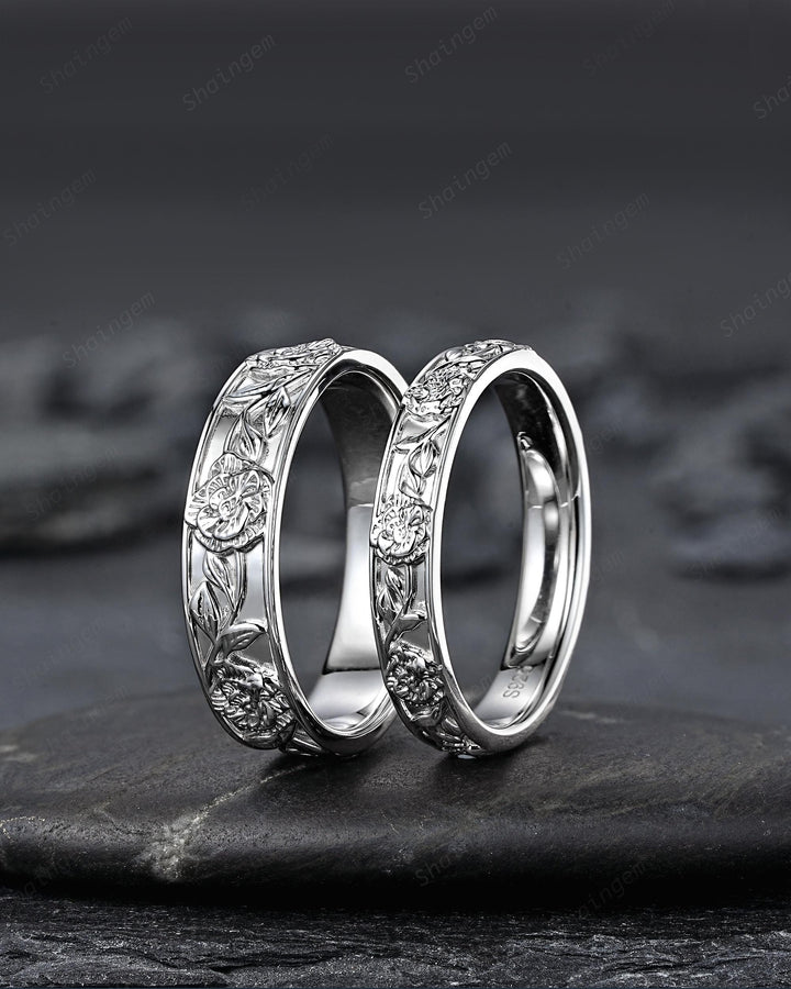 His and Hers Full Eternity Carnation January Birth Flower Couple Ring Set, White Gold Wedding Band, Nature Inspired Leaf Vine Matching Band - ShainJewelry