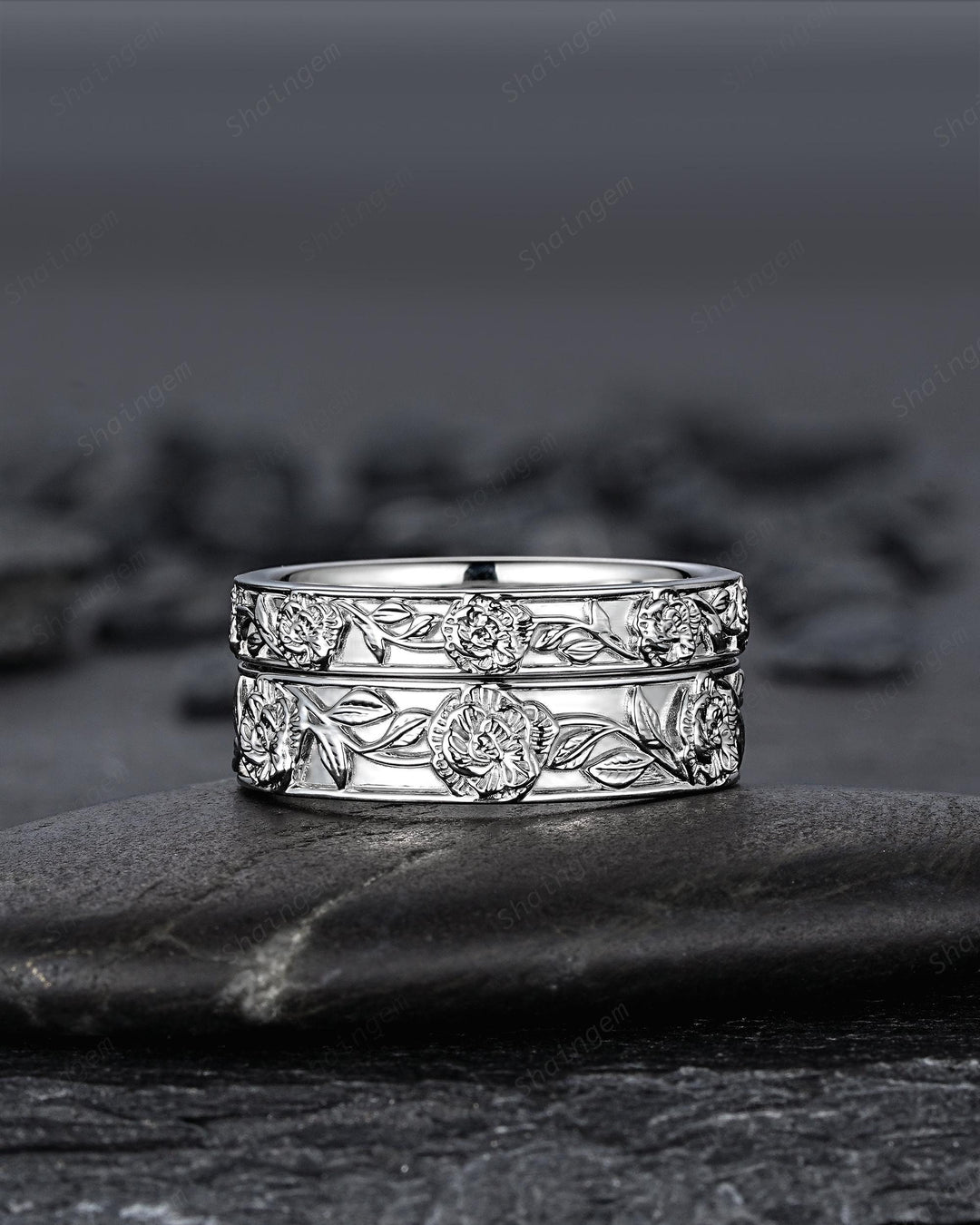 His and Hers Full Eternity Carnation January Birth Flower Couple Ring Set, White Gold Wedding Band, Nature Inspired Leaf Vine Matching Band - ShainJewelry