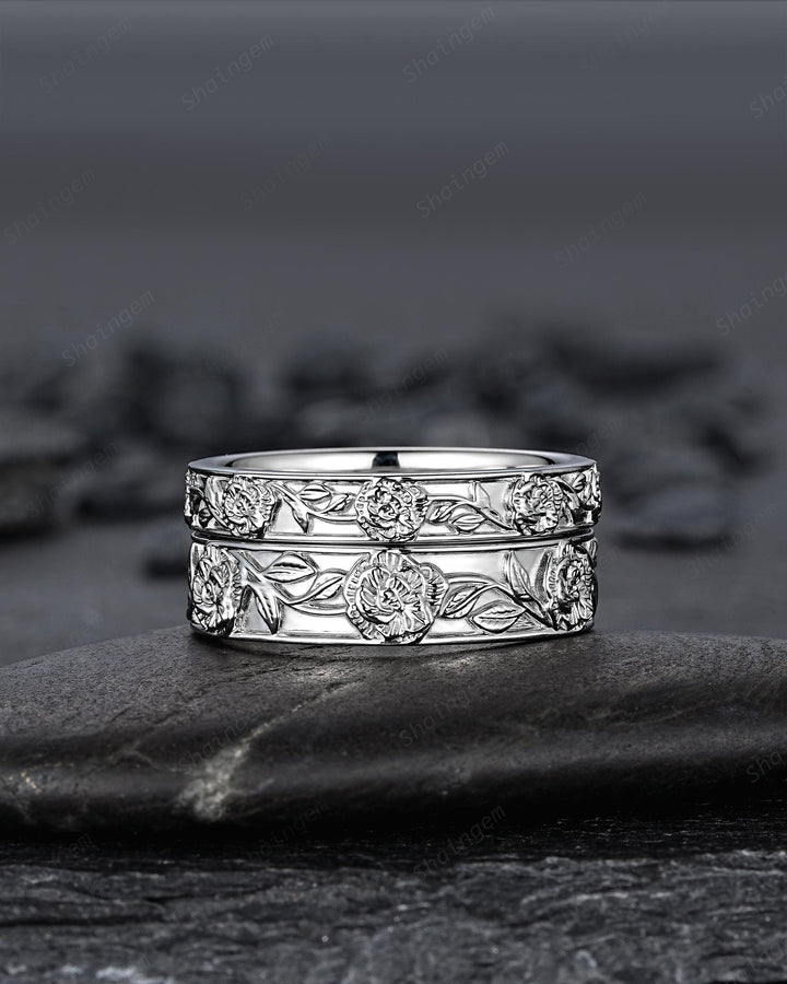 His and Hers Full Eternity Carnation January Birth Flower Couple Ring Set, White Gold Wedding Band, Nature Inspired Leaf Vine Matching Band - ShainJewelry