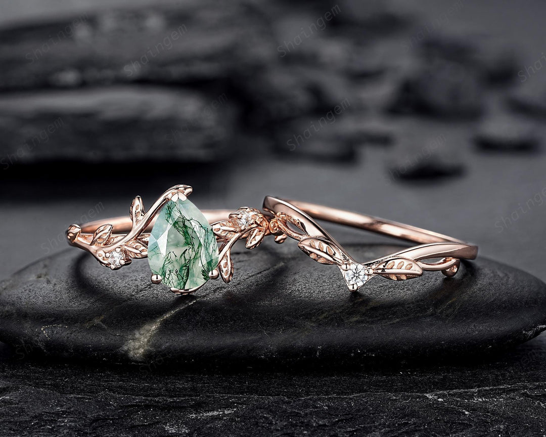 Nature Inspired Pear Cut Moss Agate Engagement Ring, Rose Gold Leaf Vine Promise Wedding Ring, Unique Twig Branch Bridal Ring Gift for Women - ShainJewelry