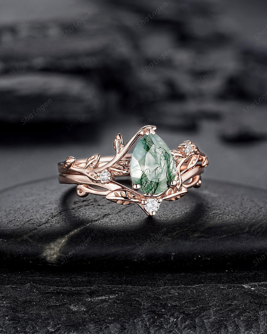 Nature Inspired Pear Cut Moss Agate Engagement Ring, Rose Gold Leaf Vine Promise Wedding Ring, Unique Twig Branch Bridal Ring Gift for Women - ShainJewelry