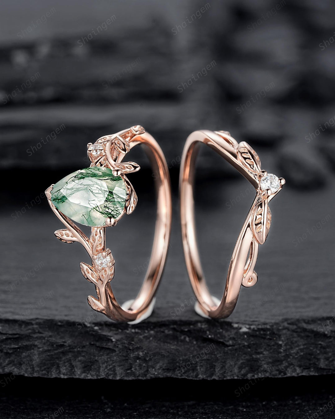 Nature Inspired Pear Cut Moss Agate Engagement Ring, Rose Gold Leaf Vine Promise Wedding Ring, Unique Twig Branch Bridal Ring Gift for Women - ShainJewelry