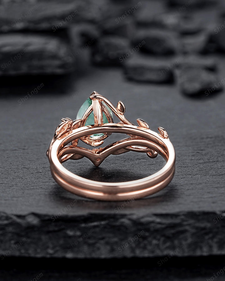 Nature Inspired Pear Cut Moss Agate Engagement Ring, Rose Gold Leaf Vine Promise Wedding Ring, Unique Twig Branch Bridal Ring Gift for Women - ShainJewelry