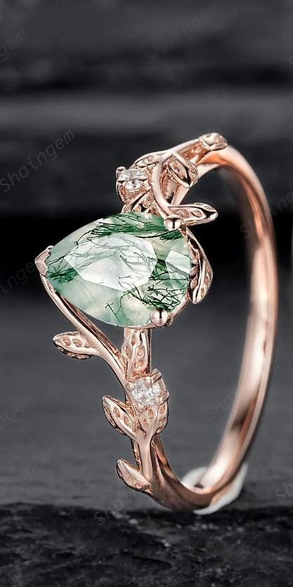 Nature Inspired Pear Cut Moss Agate Engagement Ring, Rose Gold Leaf Vine Promise Wedding Ring, Unique Twig Branch Bridal Ring Gift for Women - ShainJewelry