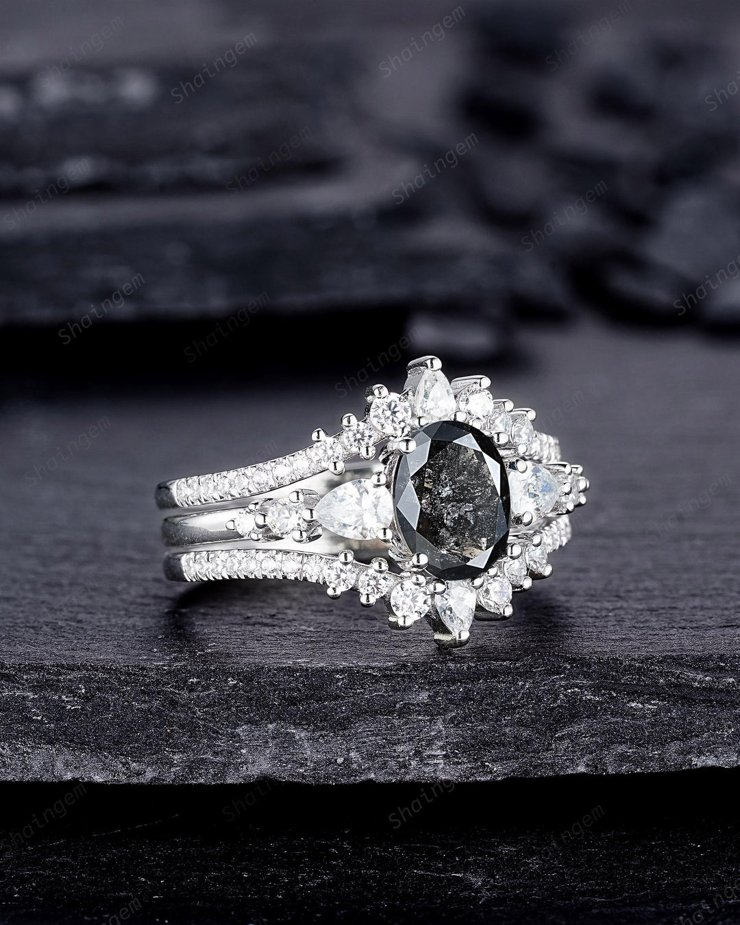 Oval Shape Salt and Pepper Diamond Engagement Ring Set, 18K White Gold Natural Black Diamond Promise Ring, Diamond Wedding Ring Gift for her - ShainJewelry