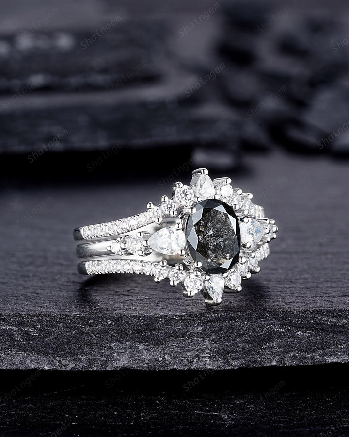 Oval Shape Salt and Pepper Diamond Engagement Ring Set, 18K White Gold Natural Black Diamond Promise Ring, Diamond Wedding Ring Gift for her - ShainJewelry