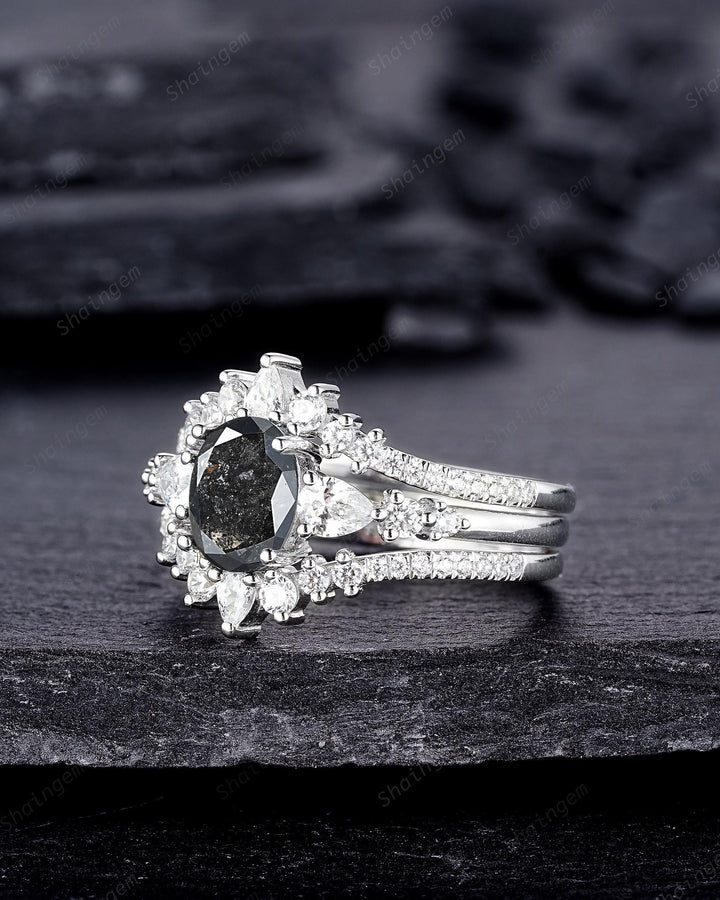 Oval Shape Salt and Pepper Diamond Engagement Ring Set, 18K White Gold Natural Black Diamond Promise Ring, Diamond Wedding Ring Gift for her - ShainJewelry