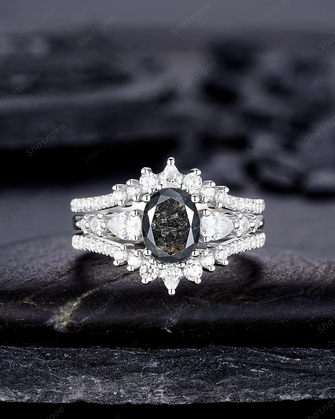 Oval Shape Salt and Pepper Diamond Engagement Ring Set, 18K White Gold Natural Black Diamond Promise Ring, Diamond Wedding Ring Gift for her - ShainJewelry