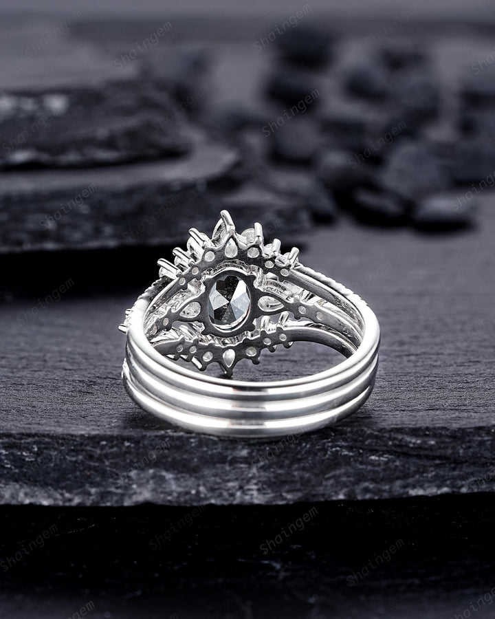 Oval Shape Salt and Pepper Diamond Engagement Ring Set, 18K White Gold Natural Black Diamond Promise Ring, Diamond Wedding Ring Gift for her - ShainJewelry