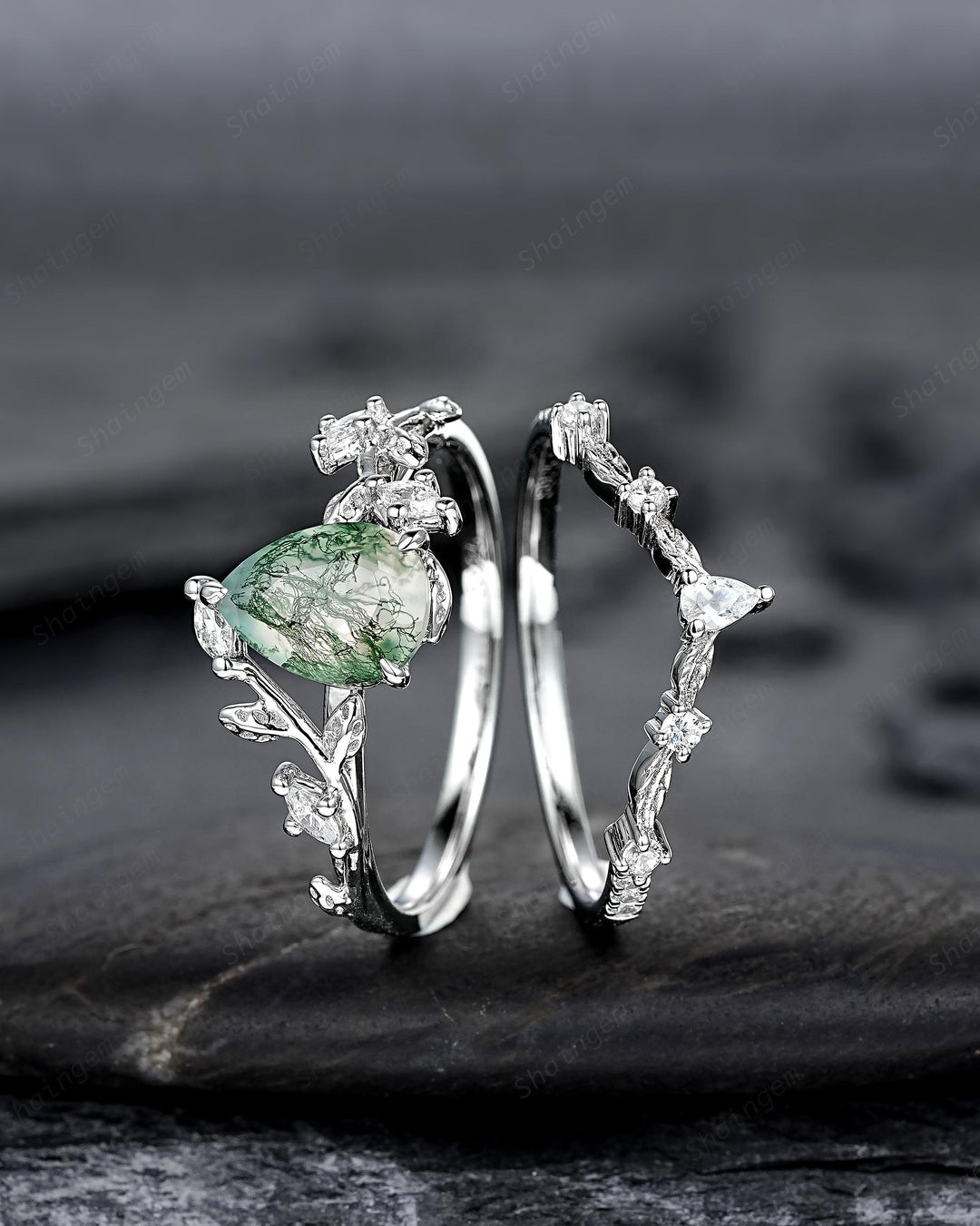 Platinum Pear Cut Moss Agate Leaf Engagement Ring Set, 14K White Gold Twig Branch Promise Wedding Ring, Silver 925 Vine Bridal Set For Women - ShainJewelry