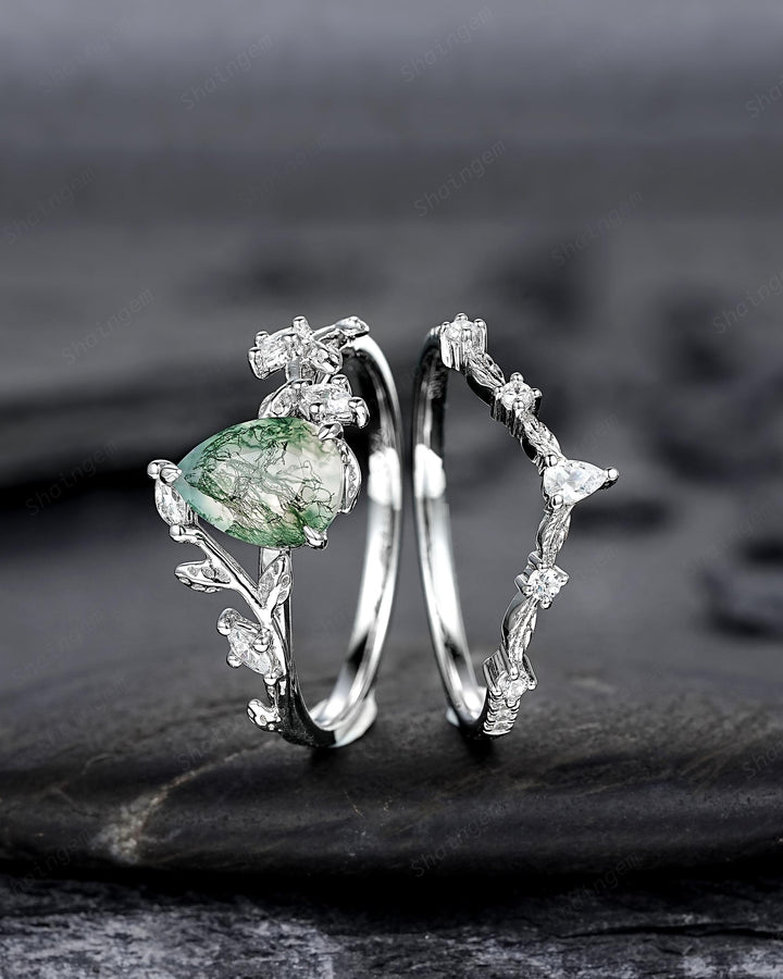 Platinum Pear Cut Moss Agate Leaf Engagement Ring Set, 14K White Gold Twig Branch Promise Wedding Ring, Silver 925 Vine Bridal Set For Women - ShainJewelry